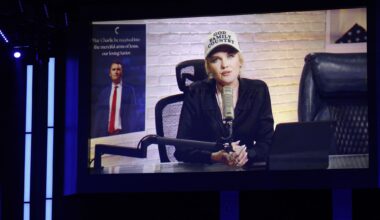 Turning Point USA CEO Erika Kirk speaks via video during TPUSA’s Make Heaven Crowded Tour at Prestonwood Baptist Church, Wednesday, April 29, 2026, in Plano.