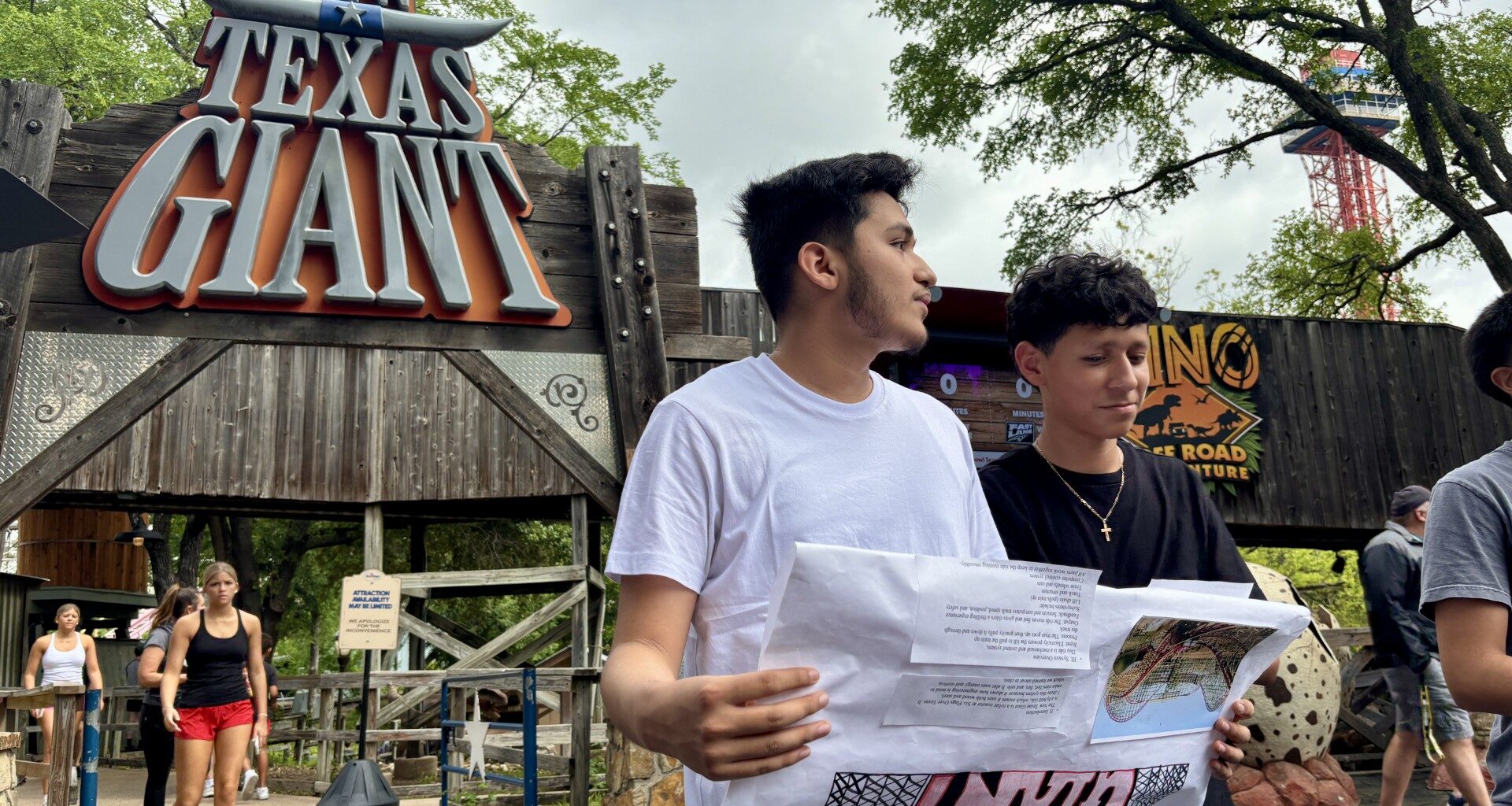 Josel Flores (left) and Rene Garcia (right) present their findings on the New Texas Giant, a roller coaster at Six Flags Over Texas in Arlington. 