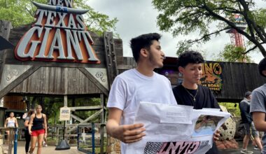 Josel Flores (left) and Rene Garcia (right) present their findings on the New Texas Giant, a roller coaster at Six Flags Over Texas in Arlington. 