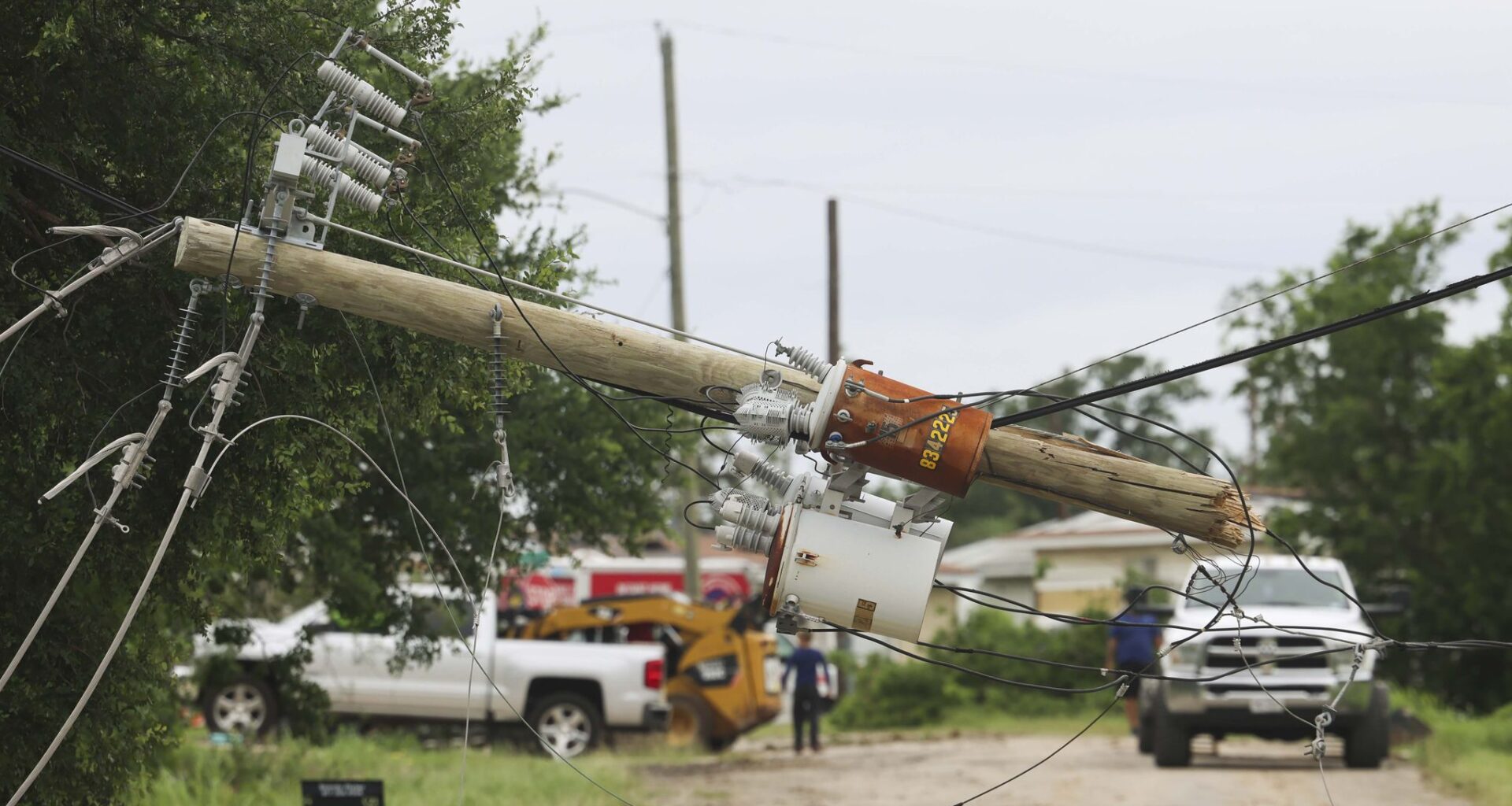 Downed power poles remain hanging following an EF-2 tornado in Mineral Wells, TX on Wednesday, April 29, 2026.