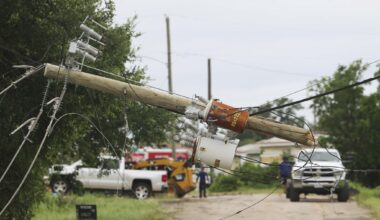 Downed power poles remain hanging following an EF-2 tornado in Mineral Wells, TX on Wednesday, April 29, 2026.