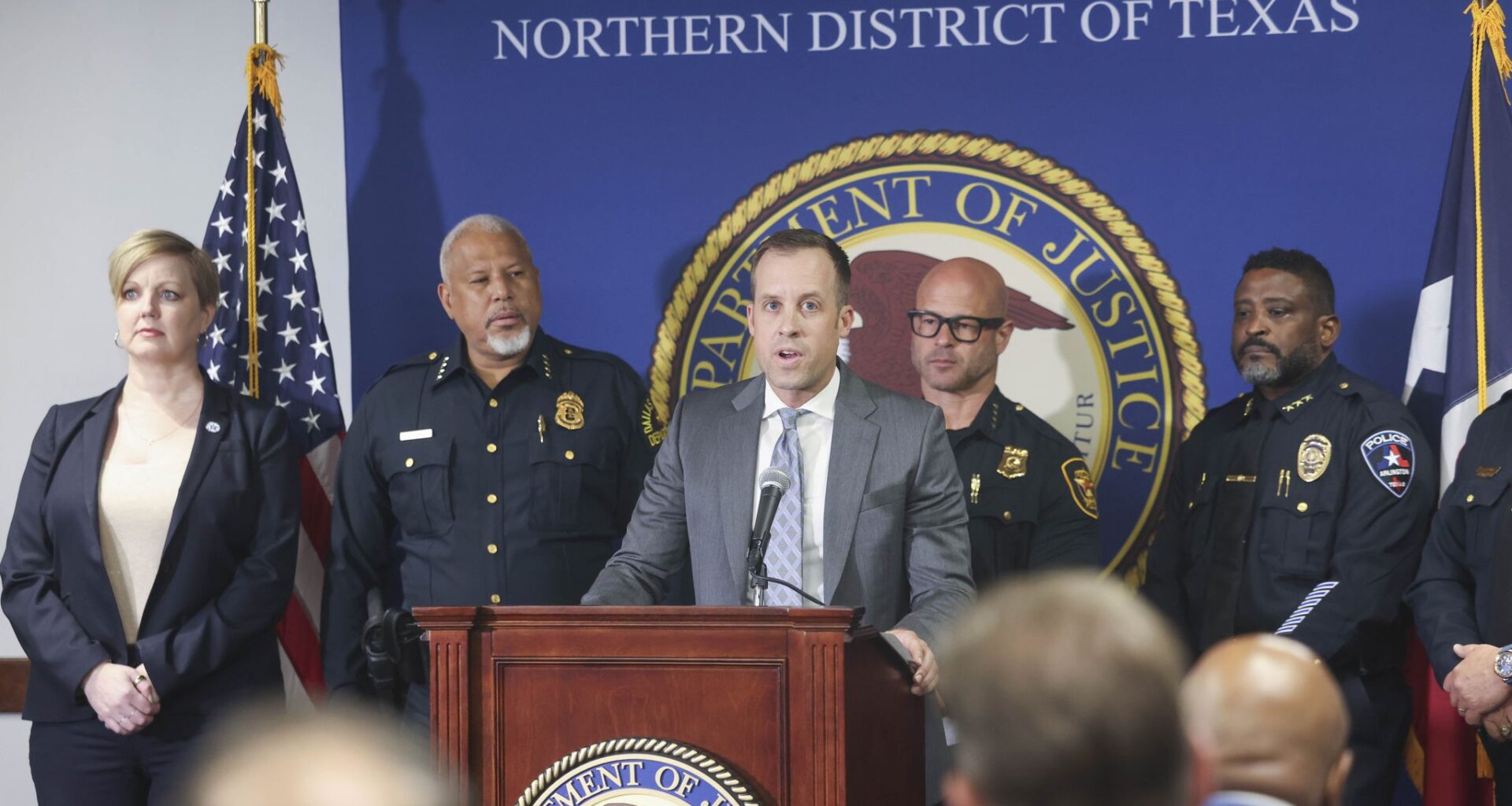 Ryan Raybould, United States Attorney for the Northern District of Texas, talks during a press conference to discuss a law enforcement initiative leading up to the 2026 FIFA World Cup, in Dallas, on Thursday, April 30, 2026.