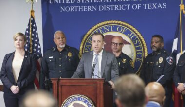 Ryan Raybould, United States Attorney for the Northern District of Texas, talks during a press conference to discuss a law enforcement initiative leading up to the 2026 FIFA World Cup, in Dallas, on Thursday, April 30, 2026.