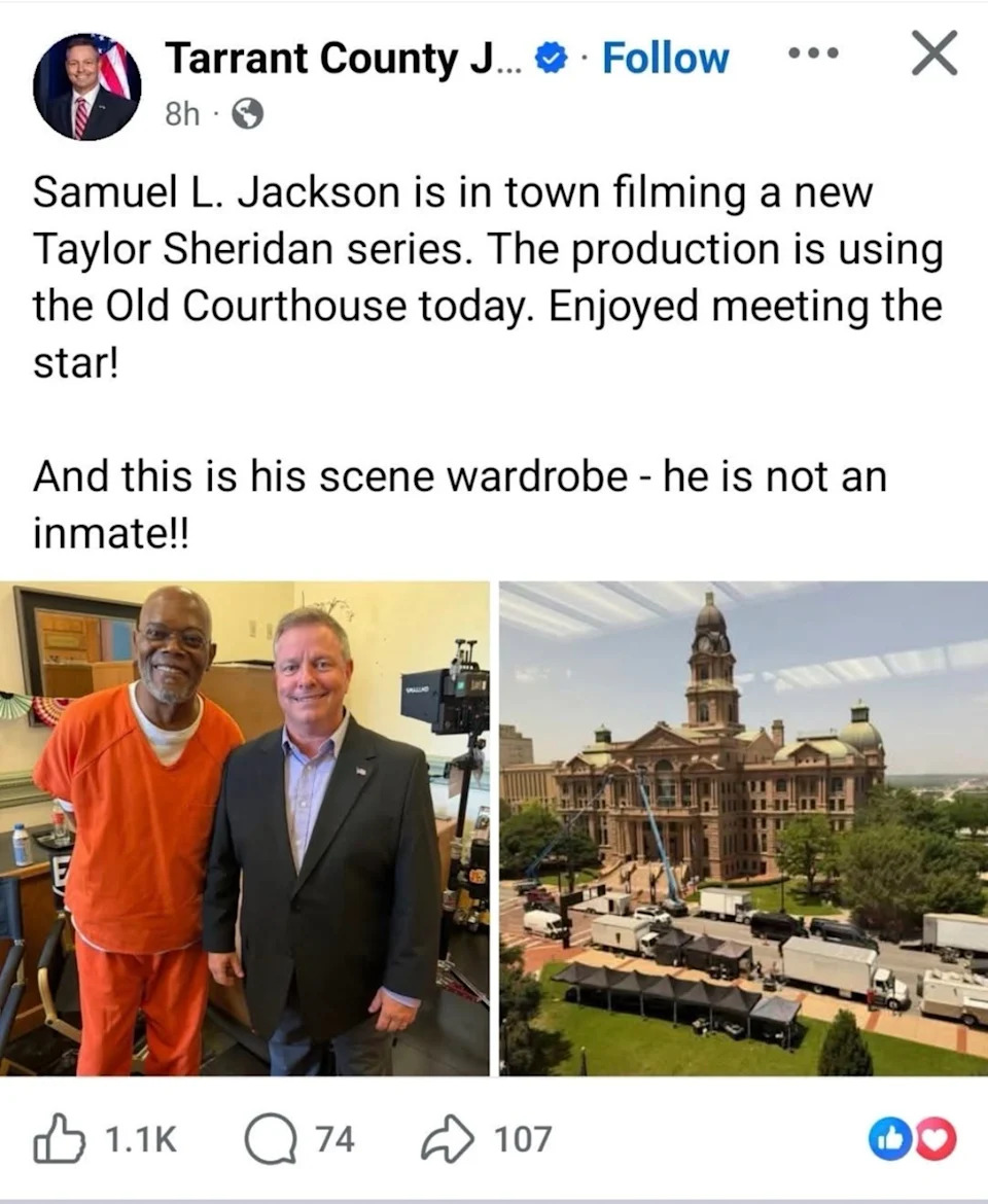 Tarrant County Judge Tim O’Hare poses with Samuel L. Jackson on the set of “Frisco King” in Fort Worth.