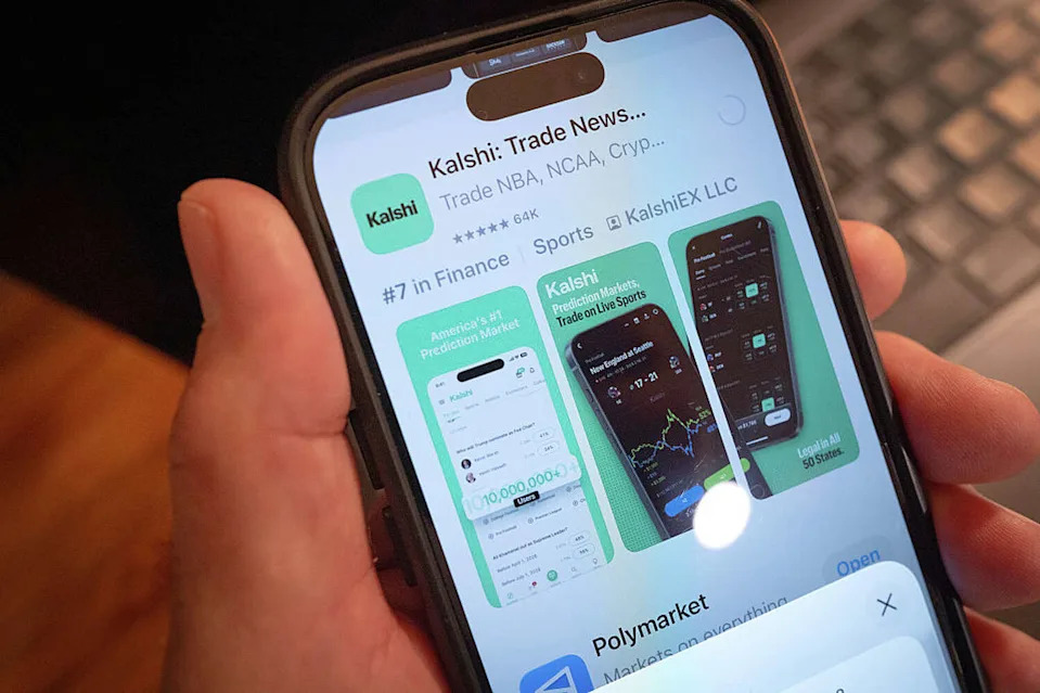 CHICAGO, ILLINOIS - FEBRUARY 25: In this photo illustration, An app for Kalshi, an online prediction market site, is shown on February 25, 2026 in Chicago, Illinois. Online prediction market platforms allow people to place bets on wide-ranging subjects such as sports, finance, politics and currents events. (Photo Illustration by Scott Olson/Getty Images) (Scott Olson/Getty Images)