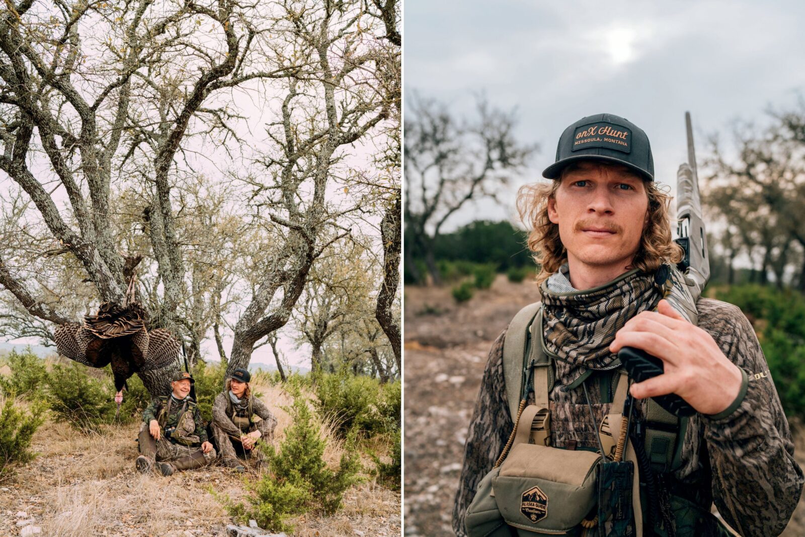 Two men with a turkey under a tree; a man with a shotgun