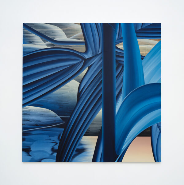 A painting by Anna Membrino of blue leaves and stems in the foreground and a bluish pink landscape in the background.