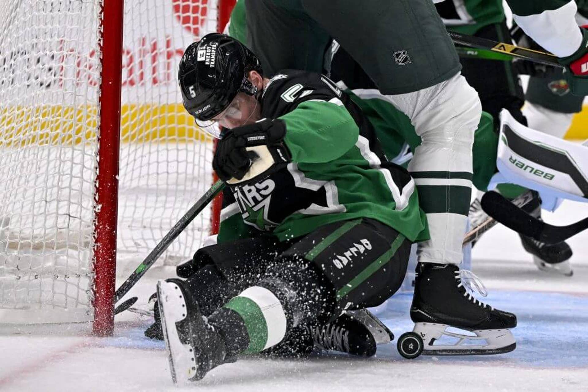 Stars defenseman Nils Lundkvist is pictured blocking a shot during Game 2 against the Wild.