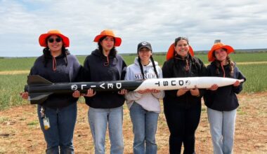 The UTEP Sun City Summit Rocket Team took first place at the Lone Star Cup on March 28 at the Tripoli North Texas Launch Site, earning its second consecutive win at the statewide competition. This year’s victory was especially notable because the team was represented by a five-member cohort composed entirely of women, including (L-R): Idhaly Torres, a senior in mechanical engineering; Rebecca Herrera, a junior in mechanical engineering; Hazel Perea, a senior in aerospace and aeronautical engineering; Viriany Cobos, a mechanical engineering graduate student; and Priscila Garnica, a junior in mechanical engineering.