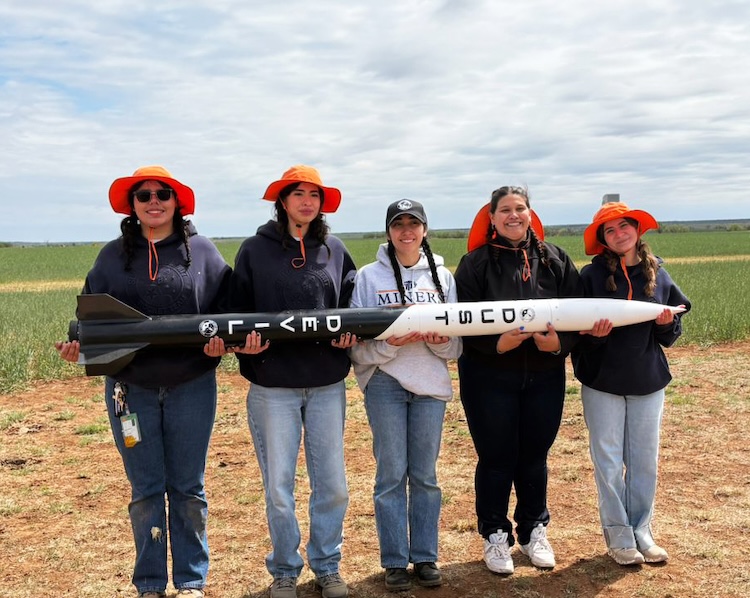 The UTEP Sun City Summit Rocket Team took first place at the Lone Star Cup on March 28 at the Tripoli North Texas Launch Site, earning its second consecutive win at the statewide competition. This year’s victory was especially notable because the team was represented by a five-member cohort composed entirely of women, including (L-R): Idhaly Torres, a senior in mechanical engineering; Rebecca Herrera, a junior in mechanical engineering; Hazel Perea, a senior in aerospace and aeronautical engineering; Viriany Cobos, a mechanical engineering graduate student; and Priscila Garnica, a junior in mechanical engineering.