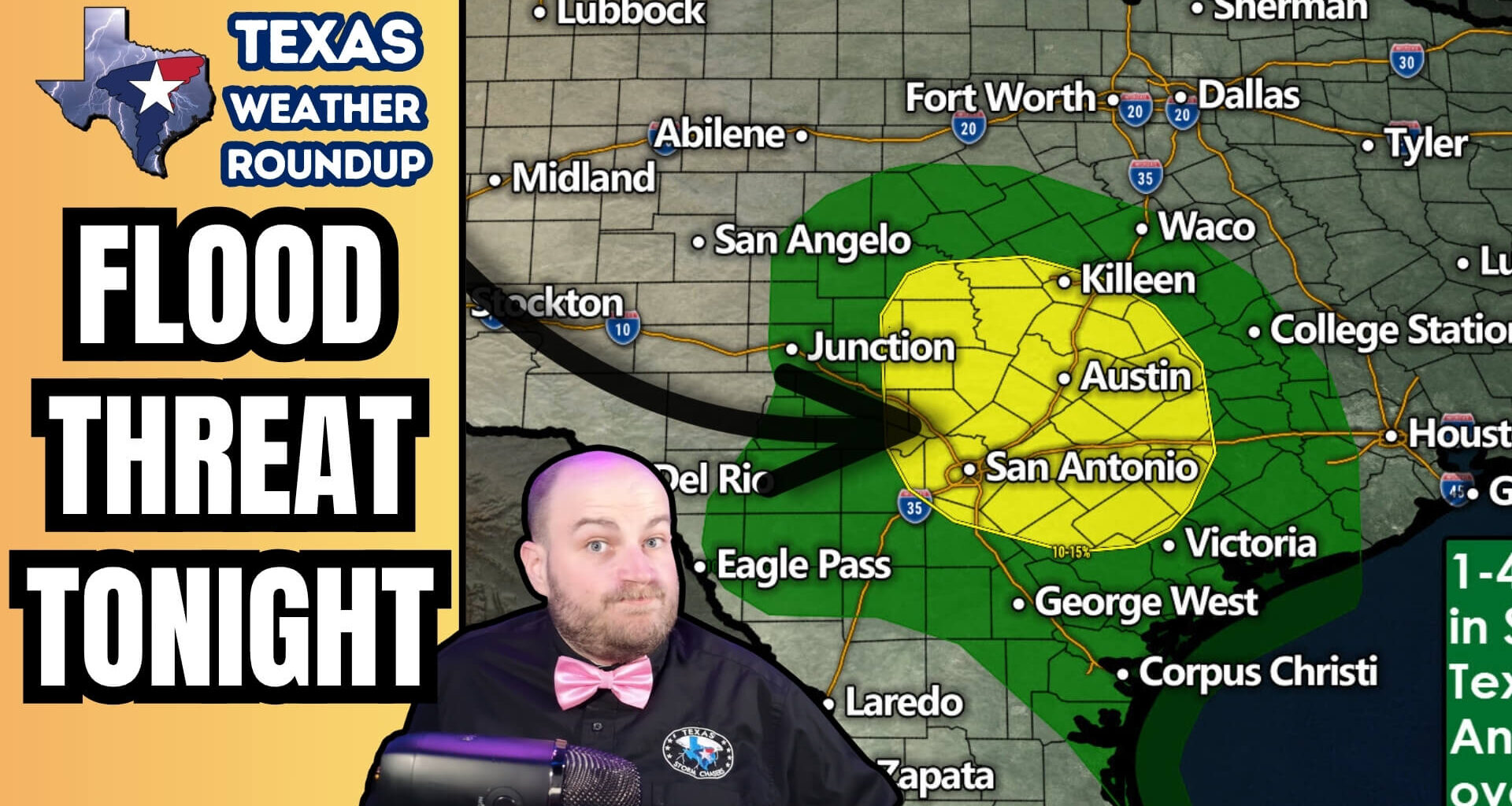 Texas Weather Roundup thumbnail showing a flood threat tonight across South Central Texas, with a highlighted rainfall risk area near Austin and San Antonio, a large arrow pointing into the region, and David Reimer in the foreground.