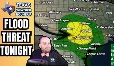 Texas Weather Roundup thumbnail showing a flood threat tonight across South Central Texas, with a highlighted rainfall risk area near Austin and San Antonio, a large arrow pointing into the region, and David Reimer in the foreground.