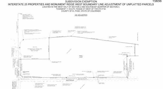 An image of "Parcel 1" from the Interstate 25 Properties Ltd. and Monument Ridge West LLC boundary adjustment between two unplatted properties. (Image from El Paso County public records)
