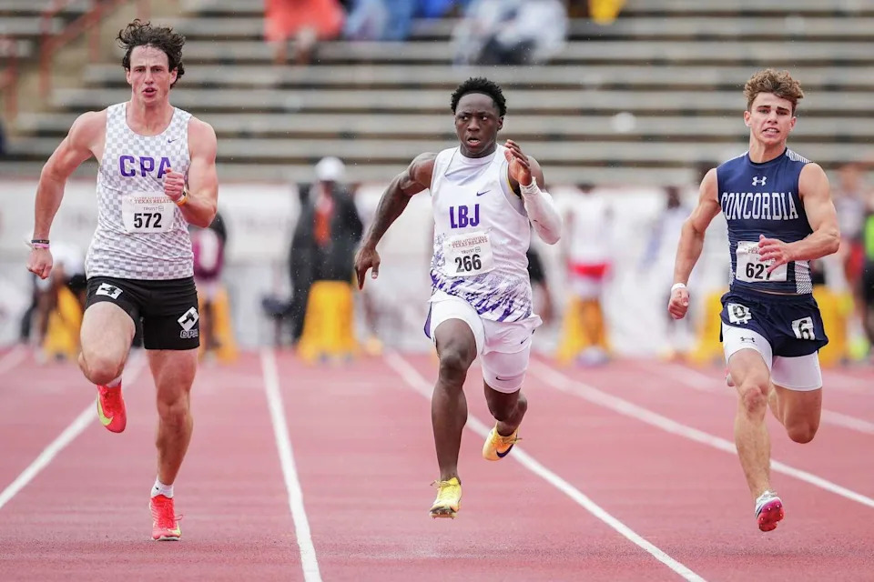 LBJ’s Louis Hickman Jr. wins the D1 100-meter dash in a time of 11.91 on Saturday afternoon during the 98th Clyde Littlefield Texas Relays at Mike A. Myers Stadium in Austin, April 4, 2026. (Sara Diggins/Austin American-Statesman)