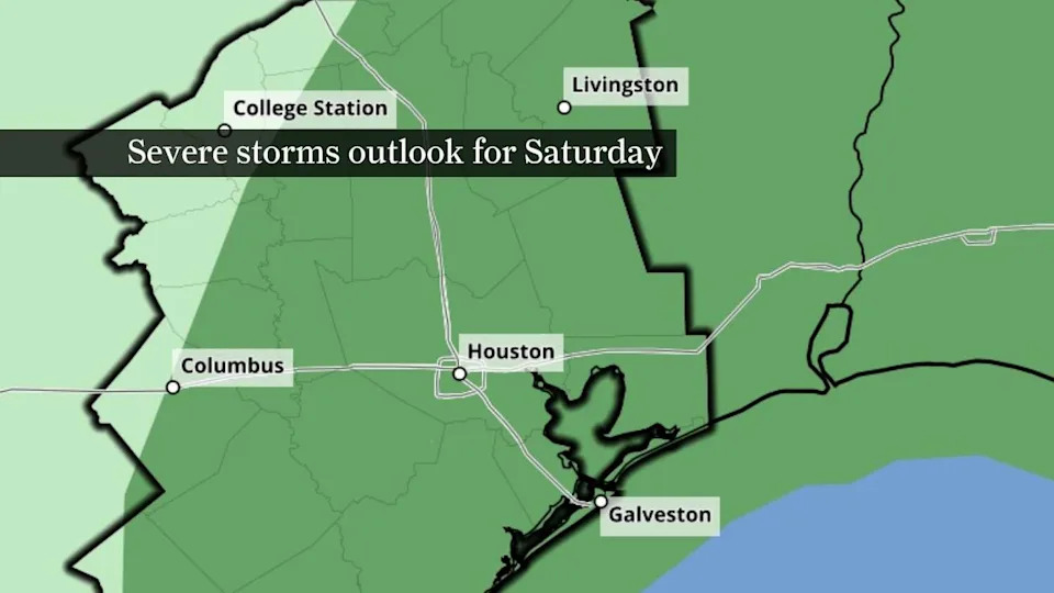 This map of Southeast Texas shows NOAA's Storm Prediction Center severe storms outlook for Saturday. A line of gusty storms could reach Houston Saturday evening. (NOAA's Storm Prediction Center)
