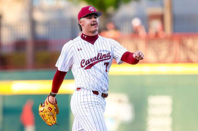 South Carolina Gamecocks pitcher Alex Valentin reacts after getting a third out against the Texas Longhorns during their game at Founders Park.