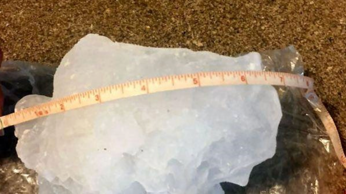 Gargantuan hailstone that fell at approximately 0035 UTC 29 April 2021 1SSW Hondo, Texas. Picture taken by the finder on 4 May 2021, six days after it fell and had been stored unbagged in a standard home freezer. Picture taken by the finder on 4 May 2021, six days after it fell and had been stored unbagged in a standard home freezer. National Centers for Environmental Information