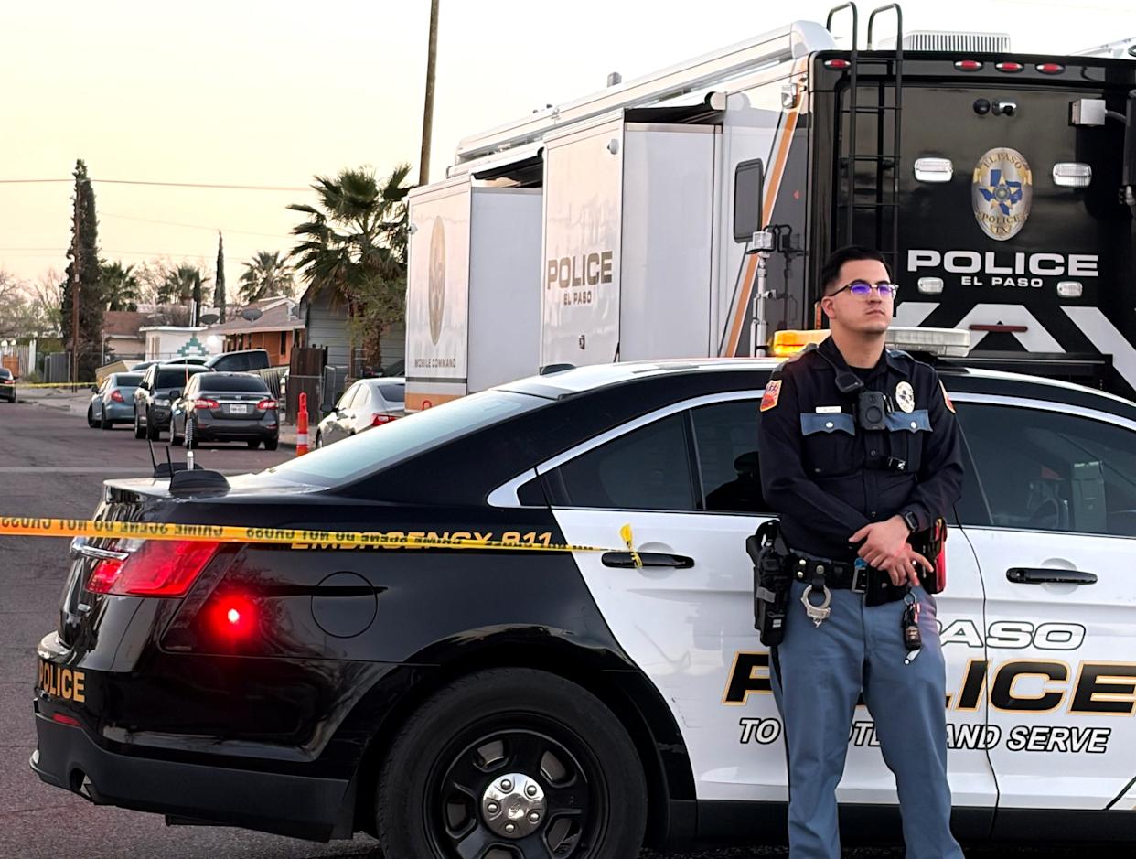 An El Paso police officer stands guard as detectives with the Crimes Against Persons Unit investigate a man's death in an apartment in the 8700 block of Lawson Street in the "Angel's Triangle" of Northeast El Paso on Tuesday, March 17, 2026.