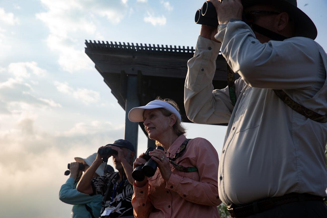 In this 2023 file photo, birder Mary Hill, center, lowers her binoculars to look at Oso Bay Wetlands during a Birdiest Festival in America tour group event in Corpus Christi.