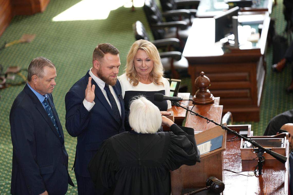 Sen. Taylor Rehmet, a Fort Worth Democrat, is sworn into office at the Texas Capitol on Feb. 19.