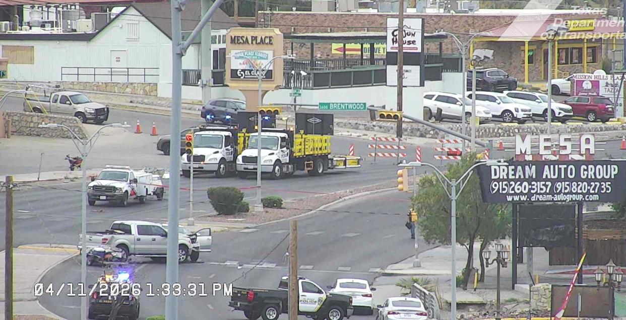 A damaged silver pickup truck is stopped in the middle of a street as El Paso police investigate a serious traffic collision at the intersection of North Mesa Street and Brentwood Avenue on Saturday, April 11, 2026.