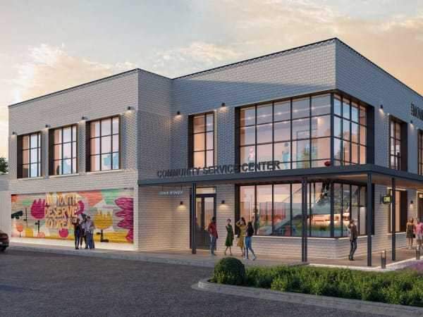 A rendering of the exterior of the new two-story Cafe Momentum flagship center in East Dallas. | Rendering courtesy of Cafe Momentum.