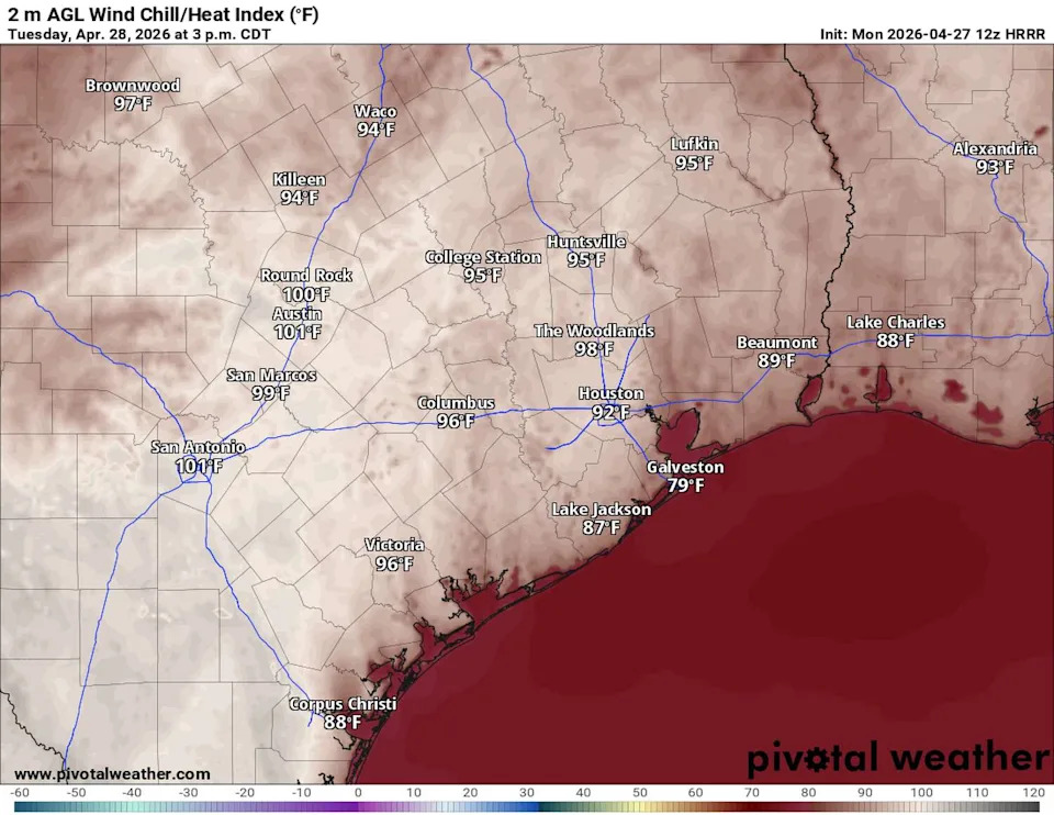 The hottest day of the week in parts of Texas will be Tuesday, with afternoon temperatures in the mid-90s and heat index values reaching the triple digits. (Pivotal)