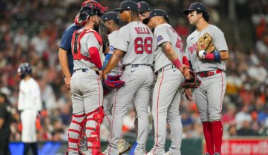 Brayan Bello (66) and the Red Sox talk it over in the fifth inning Tuesday night in Houston, when Bello was undone by an umpiring mistake.