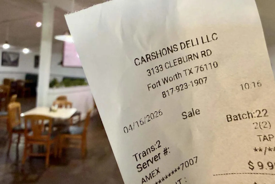 A credit-card receipt at Carshon's Delicatessen, one of the last holdouts in Texas to take only cash.