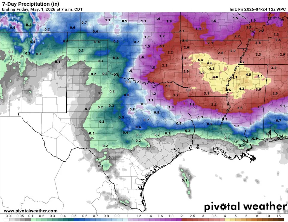 Rain chances across Texas continue through next week with the heaviest rainfall expected to be just north of Austin. (Pivotal)