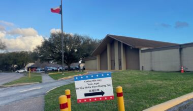 "Voting this way" in in front of city hall in Jersey Village