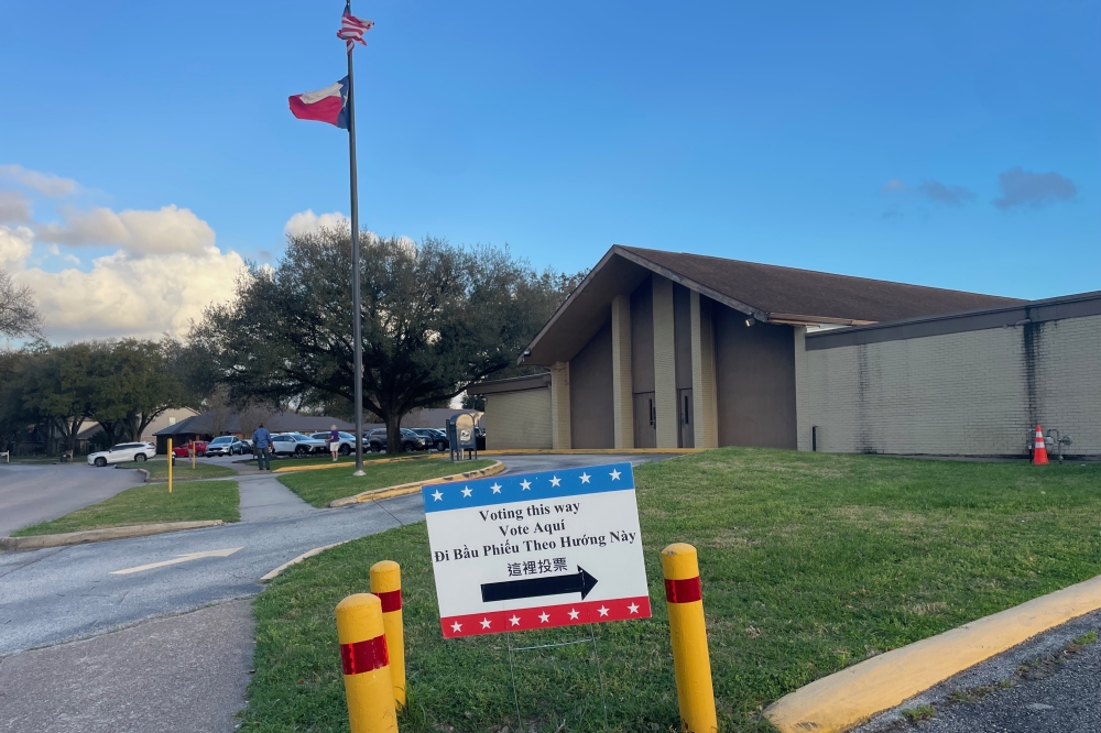 "Voting this way" in in front of city hall in Jersey Village
