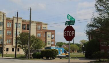 A stop sign at the intersection of G Avenue and 14th Street