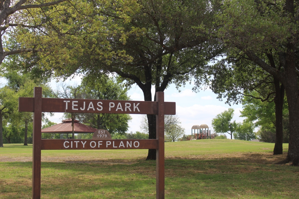 A wooden sign reading "Tejas Park" in front of several trees with a playground in distant background