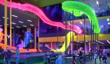 A cafe area will serve pizza, chicken strips, mozzarella sticks, pretzels, ICEEs, Dippin’ Dots, nachos, hot dogs and more. (Renderings courtesy Slick City)