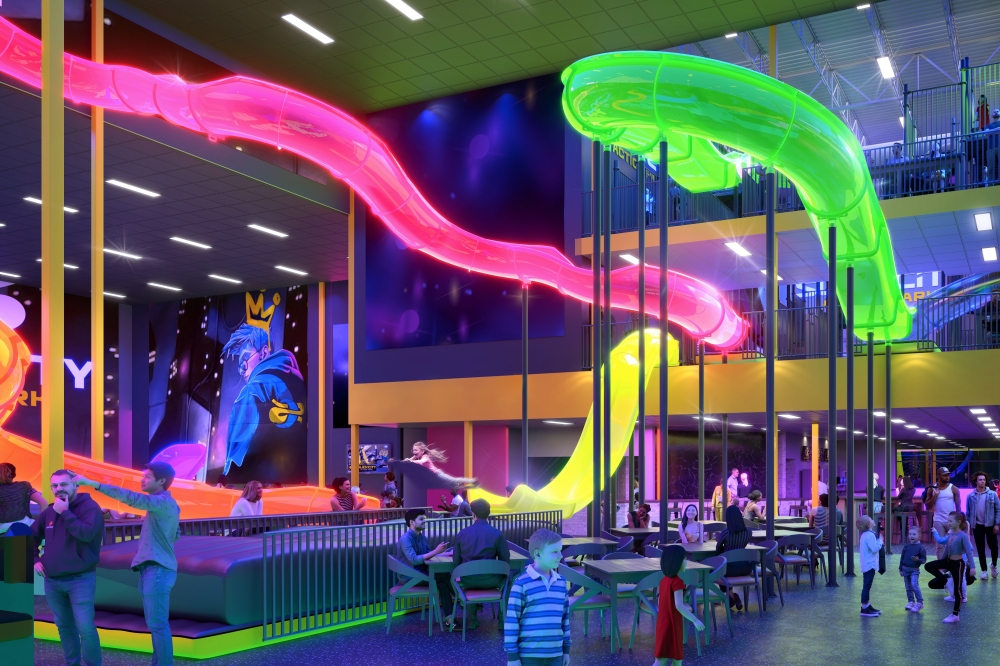 A cafe area will serve pizza, chicken strips, mozzarella sticks, pretzels, ICEEs, Dippin’ Dots, nachos, hot dogs and more. (Renderings courtesy Slick City)