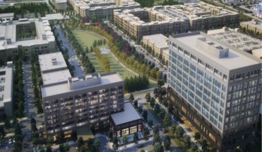 a rendering of a new multi-use development, with a hotel, multifamily apartments and retail