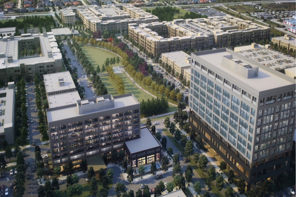 a rendering of a new multi-use development, with a hotel, multifamily apartments and retail