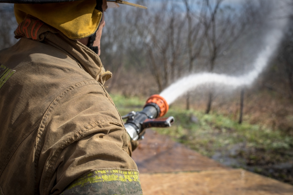 A firefighter sprays a forest with a firehose
