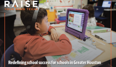 “Houston-area students actively participating in classroom learning with teachers guiding collaborative projects, highlighting hands-on, creative, and social-emotional learning experiences that showcase a fuller view of school success beyond STAAR test scores, reflecting the importance of diverse educational indicators, student engagement, teacher experience, and a supportive learning environment in Texas schools as promoted by Raise Your Hand Texas.