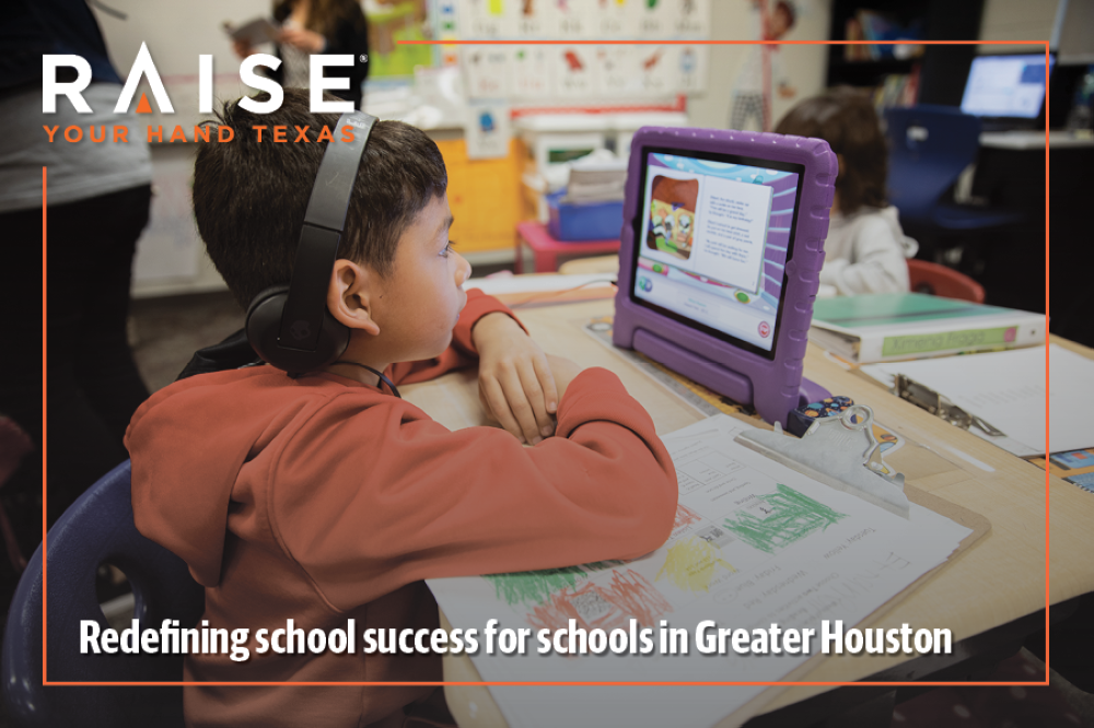 “Houston-area students actively participating in classroom learning with teachers guiding collaborative projects, highlighting hands-on, creative, and social-emotional learning experiences that showcase a fuller view of school success beyond STAAR test scores, reflecting the importance of diverse educational indicators, student engagement, teacher experience, and a supportive learning environment in Texas schools as promoted by Raise Your Hand Texas.