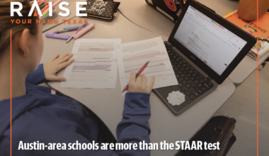 Austin-area students engaged in interactive classroom learning with teachers facilitating group collaboration and hands-on activities, illustrating a more comprehensive approach to education beyond STAAR testing, including student engagement, creativity, critical thinking, and social-emotional development, reflecting the push by Raise Your Hand Texas to redefine school success across Texas