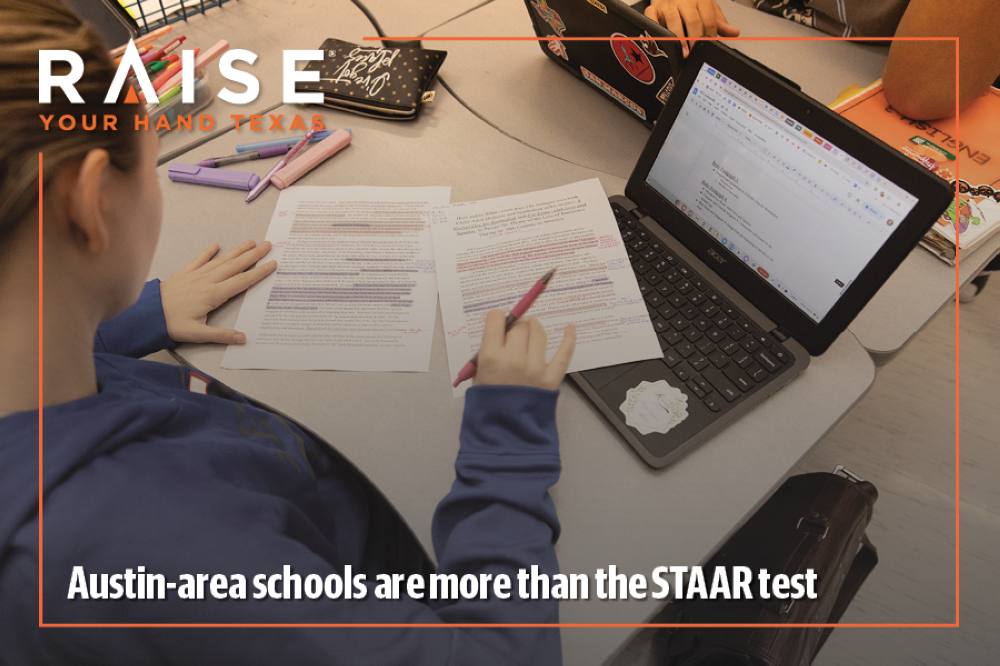 Austin-area students engaged in interactive classroom learning with teachers facilitating group collaboration and hands-on activities, illustrating a more comprehensive approach to education beyond STAAR testing, including student engagement, creativity, critical thinking, and social-emotional development, reflecting the push by Raise Your Hand Texas to redefine school success across Texas
