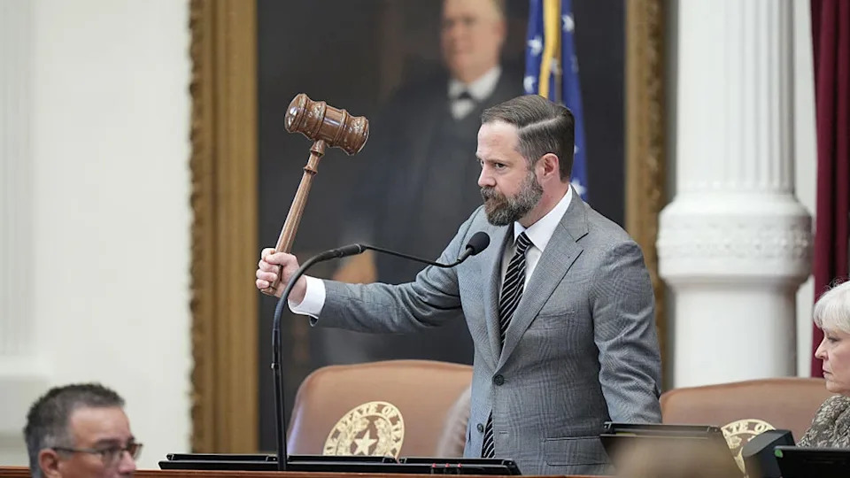<div>AUSTIN, TX - AUGUST 5: Speaker of the House Dustin Burrows gavels in the session in the House Chamber at the Capitol in Austin, Tuesday, Aug. 5, 2025. A quorum was not present after most Democrat state representatives left Texas to break quorum and block a vote on a Republican plan for Congressional redistricting. (Jay Janner/Austin American-Statesman via Getty Images)</div>