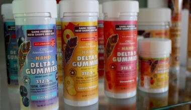 Colorful THC products on a shelf.