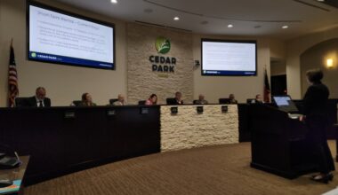 Director of Development Services Amy Link discusses proposed short-term rental regulations with Cedar Park City Council on April 9. (Daniel Schwalm/Community Impact)