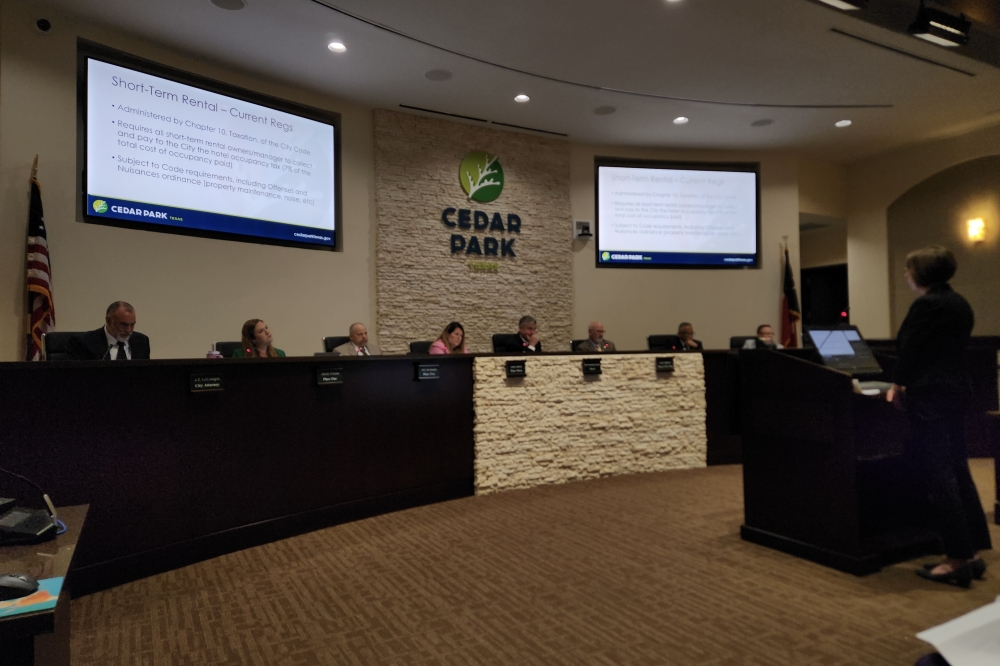 Director of Development Services Amy Link discusses proposed short-term rental regulations with Cedar Park City Council on April 9. (Daniel Schwalm/Community Impact)