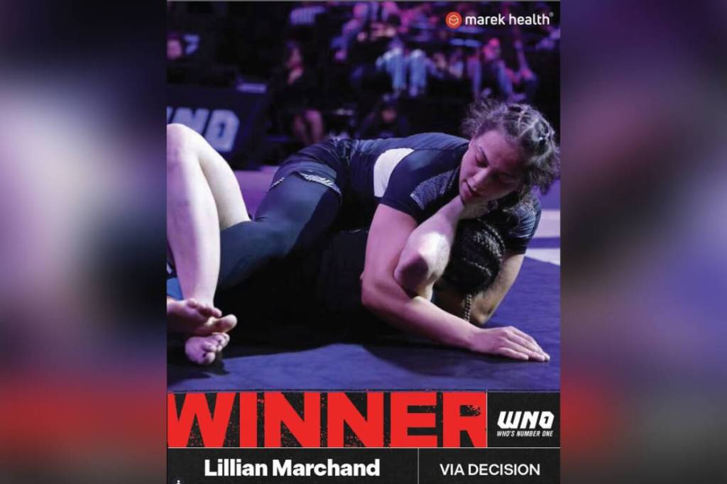 Vernon&rsquo;s Lillian Marchand (top) won her match on the undercard of WNO (Who&rsquo;s Number One) 32, a Brazilian jiu jitsu fight night Tuesday, March 31, in Austin, Texas. (@marekhealth/Instagram)
