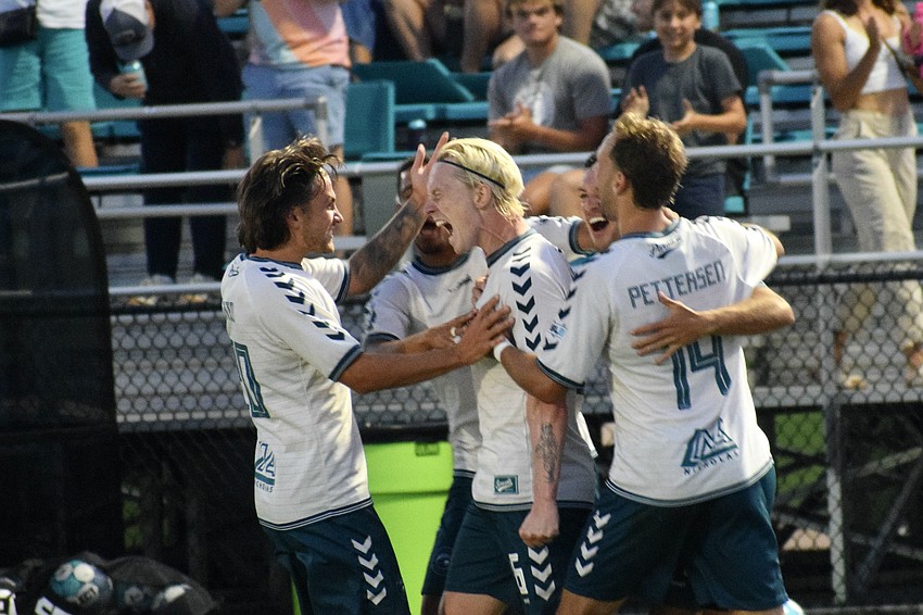Sander Røed (center) celebrates after scoring a goal in the 64th minute against Corpus Christi FC. He has a team-high two assists and two goals this season, as of April 24. Sander Røed (center) celebrates after scoring a goal in the 64th minute against Corpus Christi FC. He has a team-high two assists and two goals this season, as of April 24.