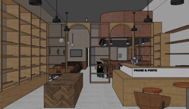 Two interior design renderings of Prose and Pints bookstore showing retail space with floor-to-ceiling wooden shelving, herringbone-patterned service counter, arched brick accent wall, pendant lighting, bar seating, and checkout counter labeled "Prose & Pints."